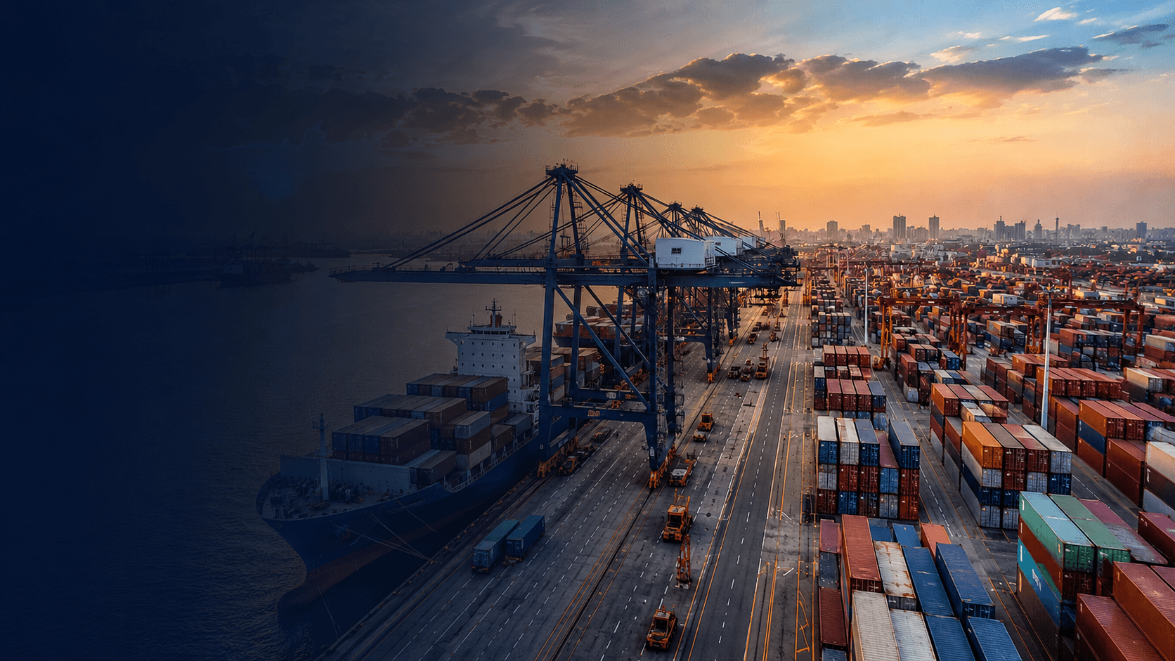 Container port at sunrise, representing IndiaUnbox's global sourcing network